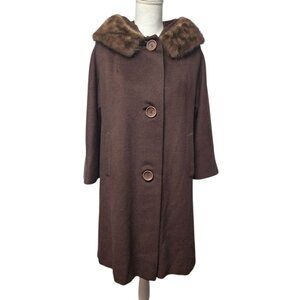 Vintage 1950s Union Made Wool Fur Coat Brown Womens Basic Winter Fall Costume